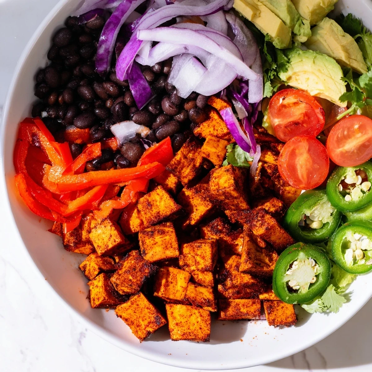 Golden roasted sweet potato taco bowls, overflowing with colorful veggies and creamy avocado.