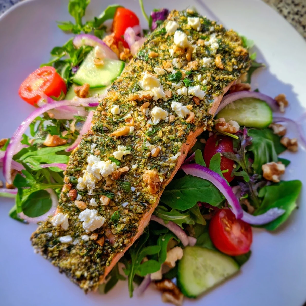 Flavorful herb-crusted salmon salad, featuring a zesty vinaigrette dressing and a light meal.