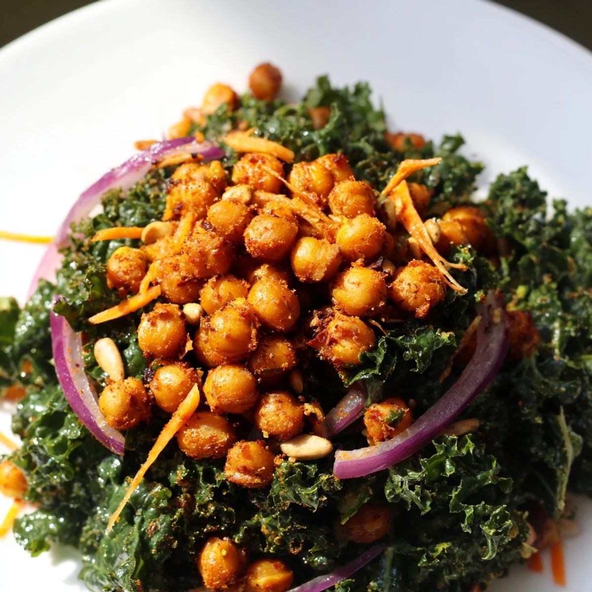 Fresh and flavorful kale salad with roasted chickpeas, showcasing crispy textures and vibrant colors.
