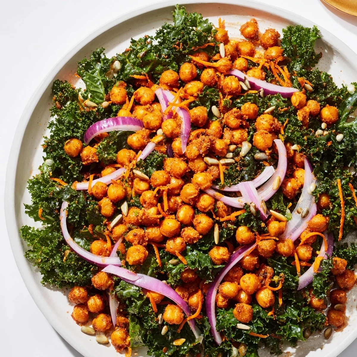 A close-up view of the hearty kale salad with roasted chickpeas, ready for a healthy meal.