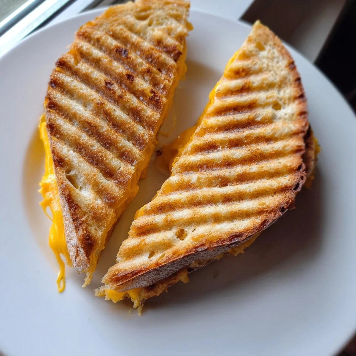 Golden and crispy waffle grilled cheese, oozing melted cheddar, served on a plate with fresh slices.