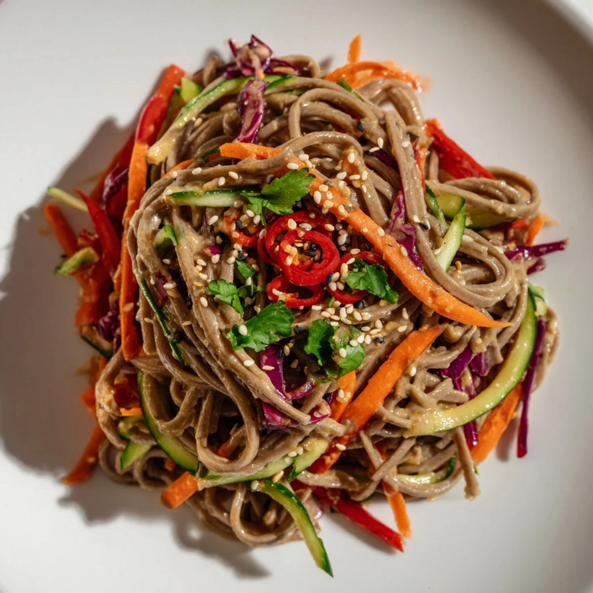 Vibrant soba noodle salad with colorful vegetables and a creamy sesame-peanut dressing, ready to enjoy.