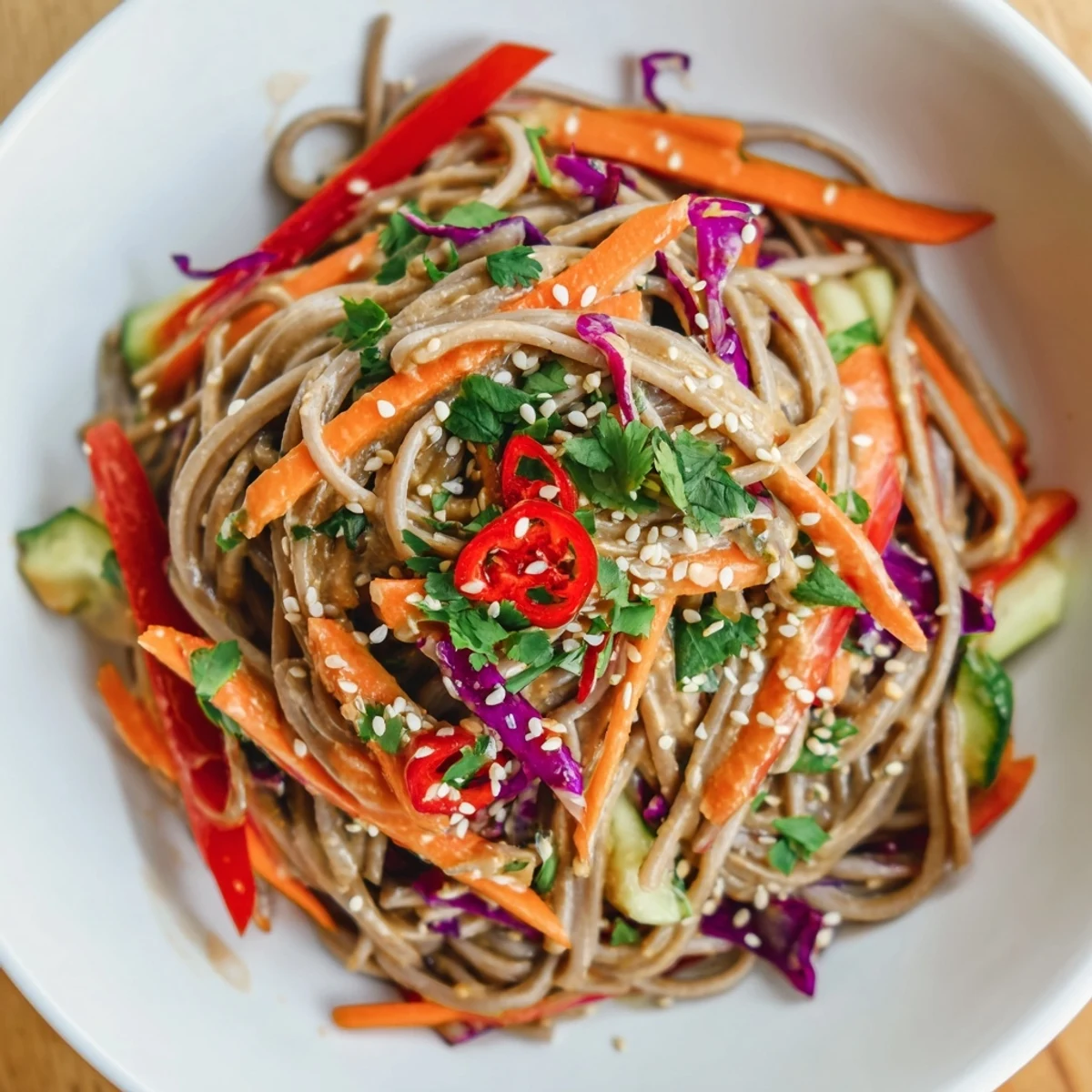 Cold soba noodle salad tossed with fresh veggies, sesame seeds, and a delicious homemade dressing.