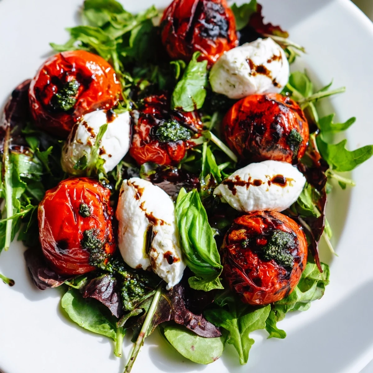 A close-up of a finished Charred Tomato Salad with Burrata, showcasing juicy tomatoes and creamy burrata.