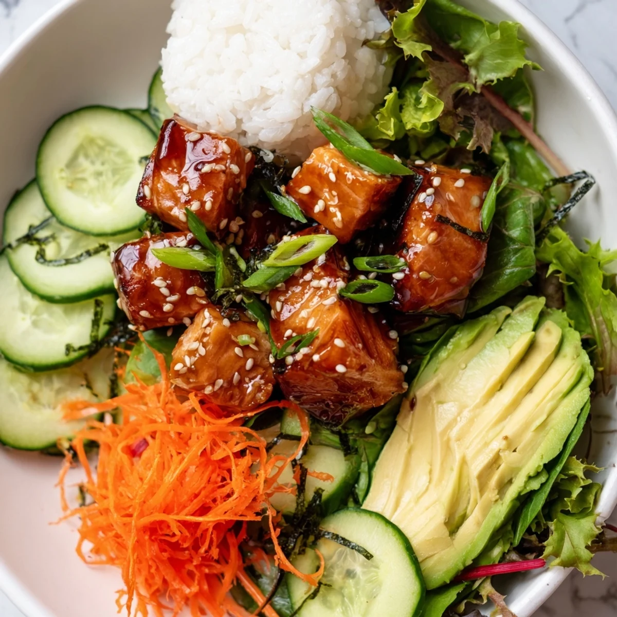 Vibrant sushi-inspired poke bowl