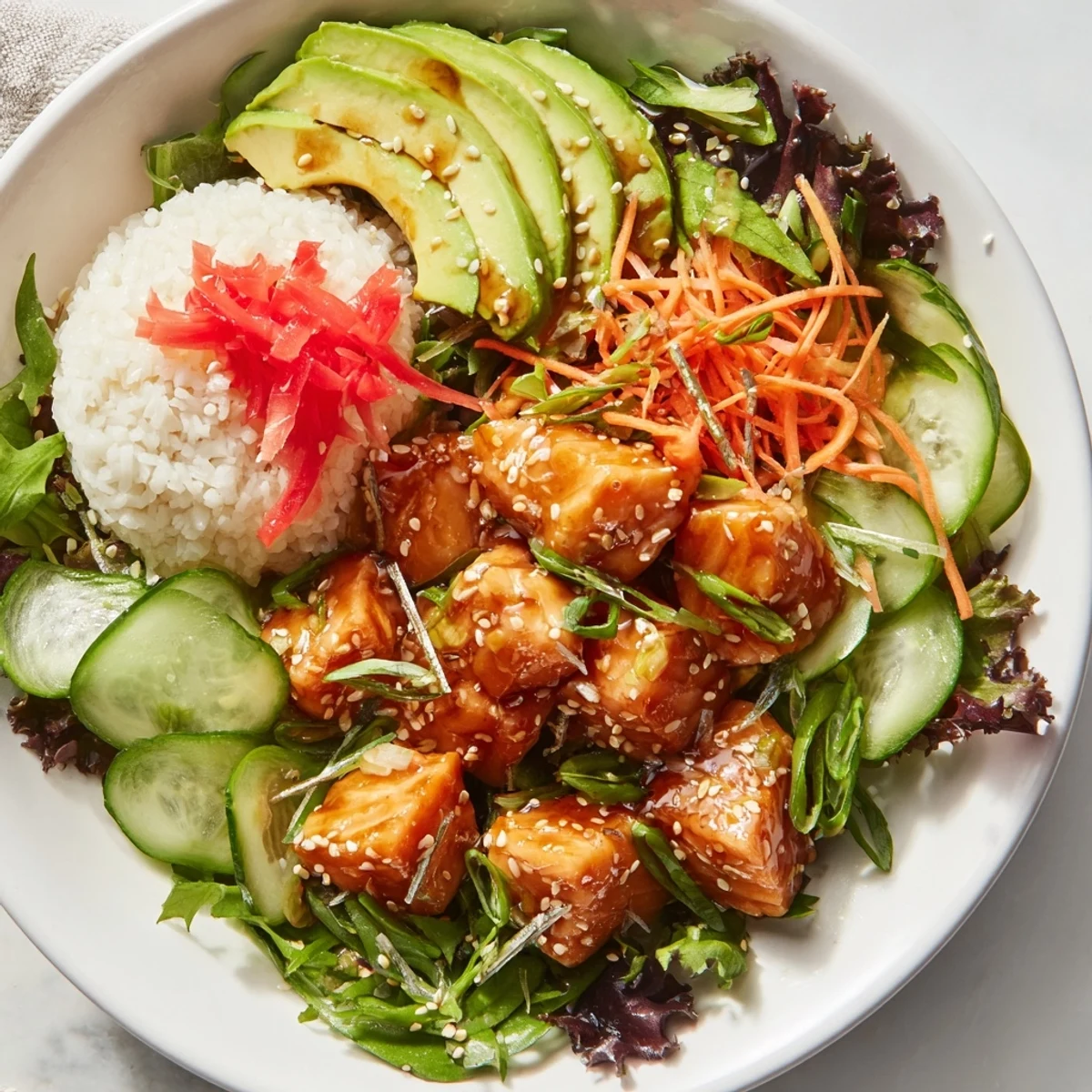 Fresh, colorful Poke Bowl Salad with cubed tuna, avocado, sesame seeds—a vibrant lunch!