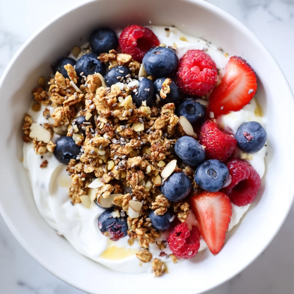 Creamy dry yogurt bowl layered with granola, fresh berries, and a protein boost for a quick breakfast.