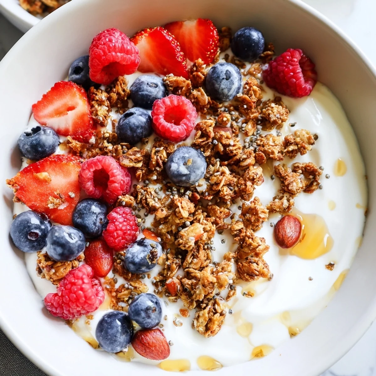 A beautifully arranged dry yogurt bowl with colorful berries, crunchy granola, and a drizzle of honey.