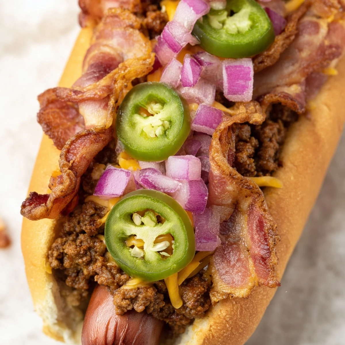 Grilled Mexican hot dogs with crispy bacon, jalapeños, and melted cheese, a flavorful feast!