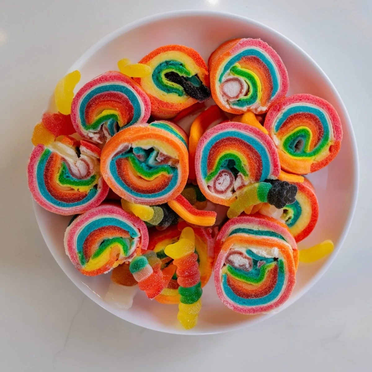 Delicious, easy-to-make Rainbow Candy Roll Ups, showing off the colorful gummy swirl, perfect for kids and adults.