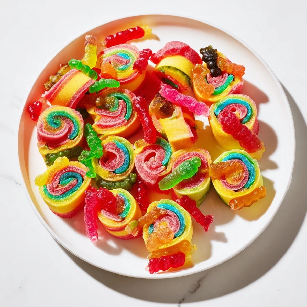 Bright fruit roll-up Rainbow Candy Roll Ups, filled with colorful gummy candies, await slicing for a fun party treat.