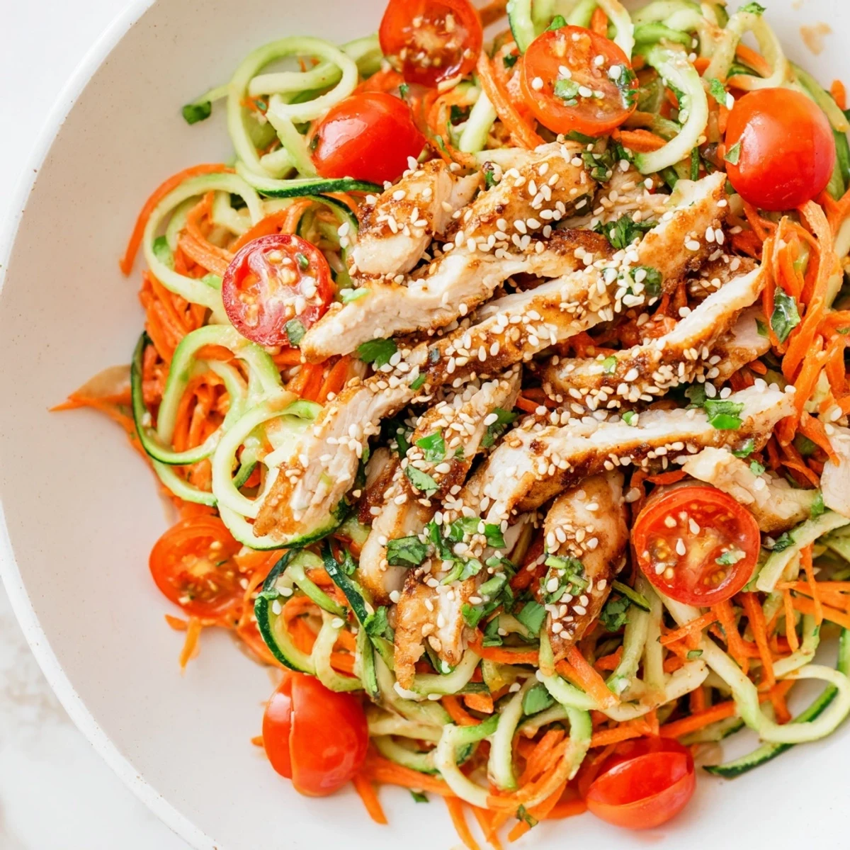 Vibrant Protein Cucumber Salad with grilled chicken, sesame dressing, and fresh cilantro, ready to eat.
