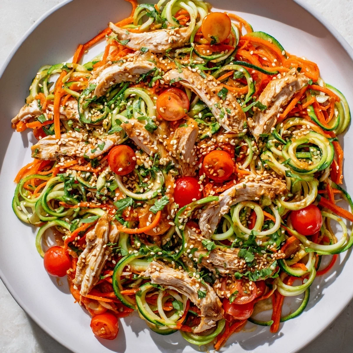 Close-up of a refreshing Protein Cucumber Salad with a light sesame dressing and crunchy carrots.
