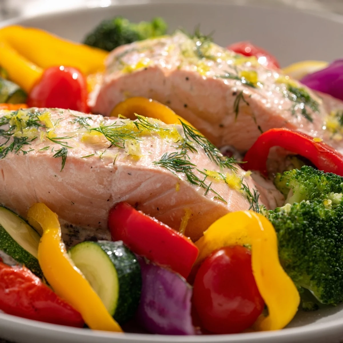 Sizzling, flaky Salmon Sheet Pan Bake, showcasing vibrant roasted bell peppers and zucchini, ready to enjoy.