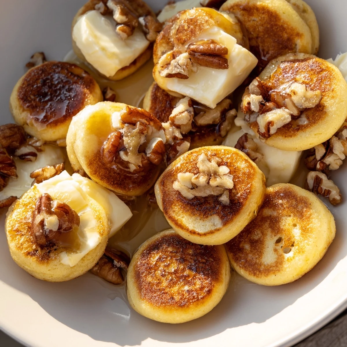 Golden, bubbly Pancake Brie Bites, a delightful appetizer with warm, melted brie inside.