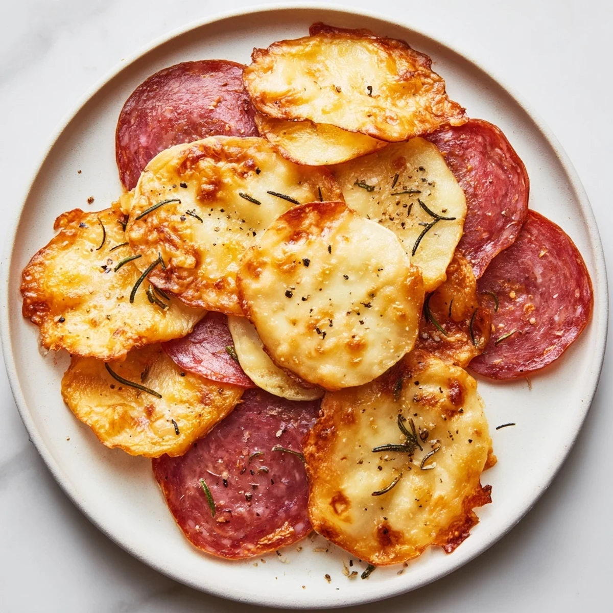 Savory charcuterie chips made with cured meats and cheese, baked until perfectly crunchy and delightful.