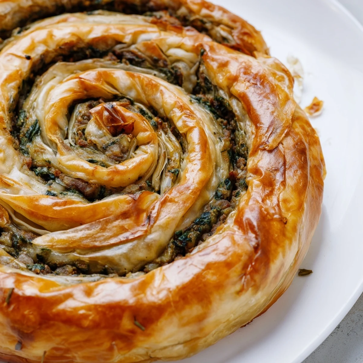 Golden, flaky Bosnian Burek pastry spiral filled with savory ground beef and spinach, a Balkan delight.