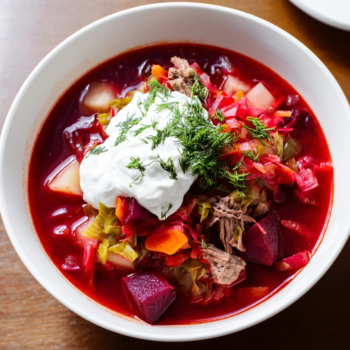 Steaming hot Ukrainian Borscht soup, ruby red with beets, garnished with a creamy dollop of sour cream.