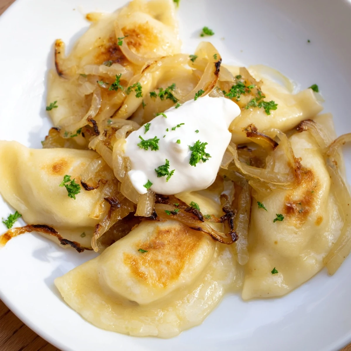 Golden-brown, pan-fried Polish pierogi dumplings topped with sweet caramelized onions and sour cream.