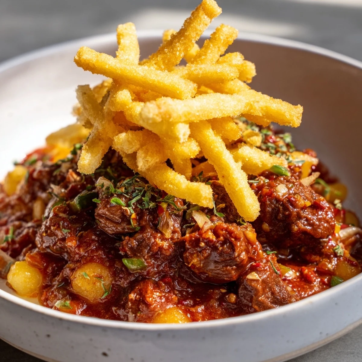 Tender beef chunks in a rich Czech Goulash, served alongside crispy, golden potato strips.