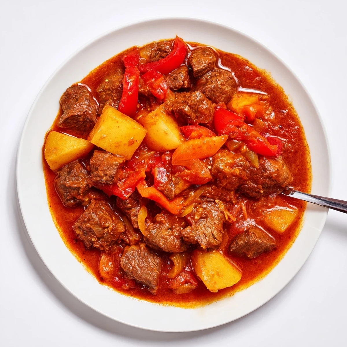 Steaming bowl of Hungarian Goulash Stew, showcasing tender beef and vibrant red peppers in a rich broth.