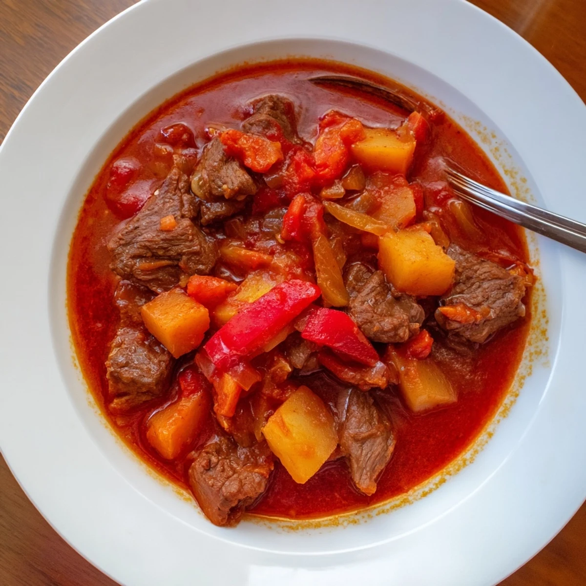 Close-up of bubbling Hungarian Goulash Stew, revealing succulent beef and vegetables in a deeply flavorful paprika gravy.
