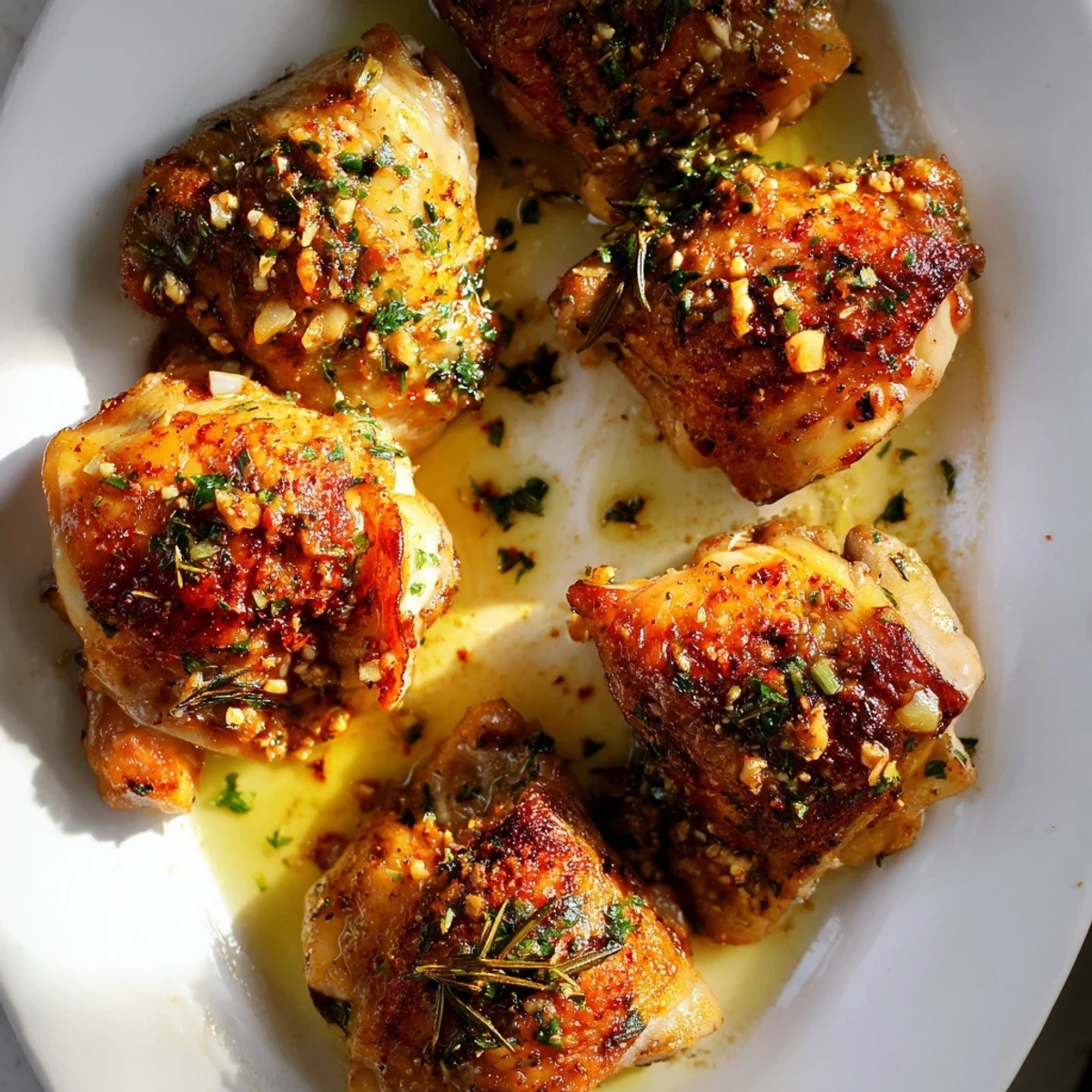 A skillet of Garlic Butter Chicken Thighs served with lemon wedges and roasted potatoes.