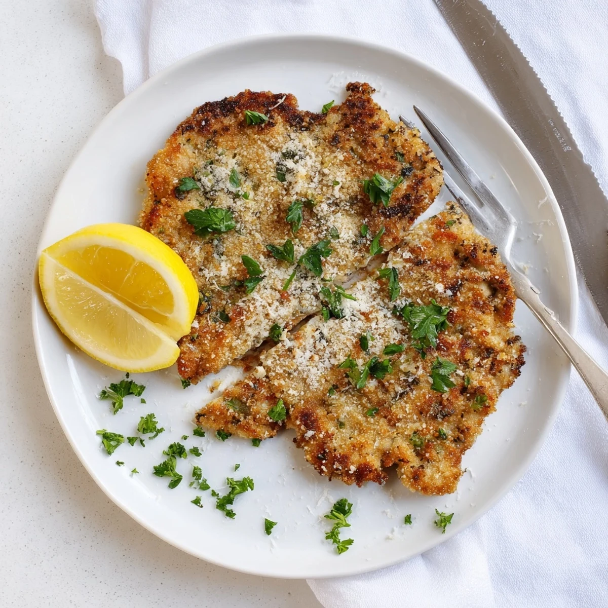 A serving of Crispy Parmesan Chicken Cutlet beside a green salad, ready for a weeknight dinner.