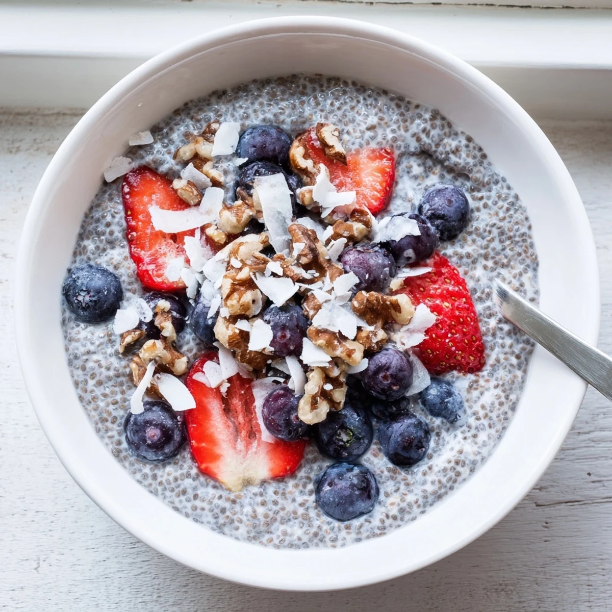 Overnight chia seed pudding served in bowls with mango, nuts, and maple drizzle, ideal for a vegan dessert.