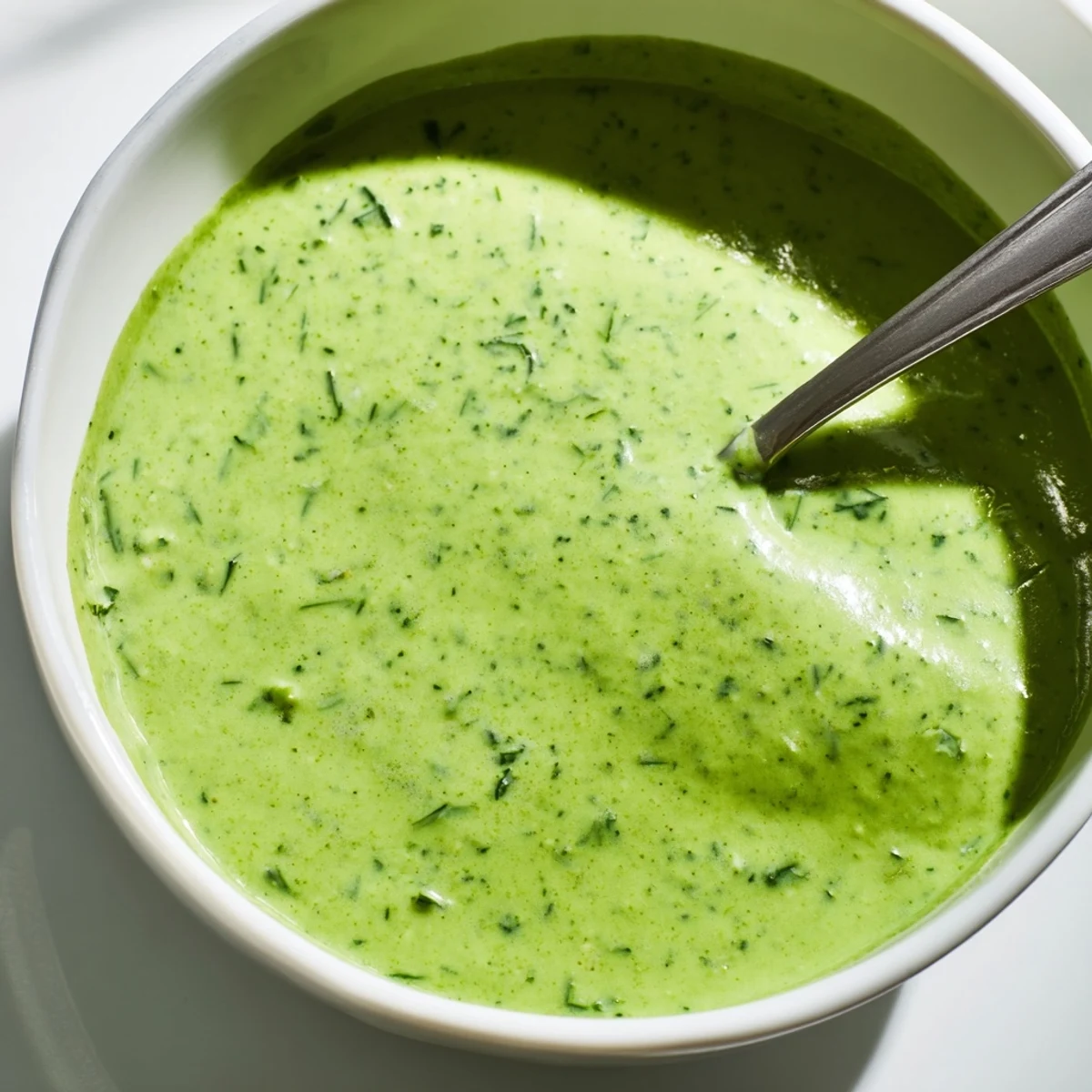 A vibrant, pale green Goddess Dressing drizzled over a fresh salad of mixed greens, cherry tomatoes, and cucumbers.