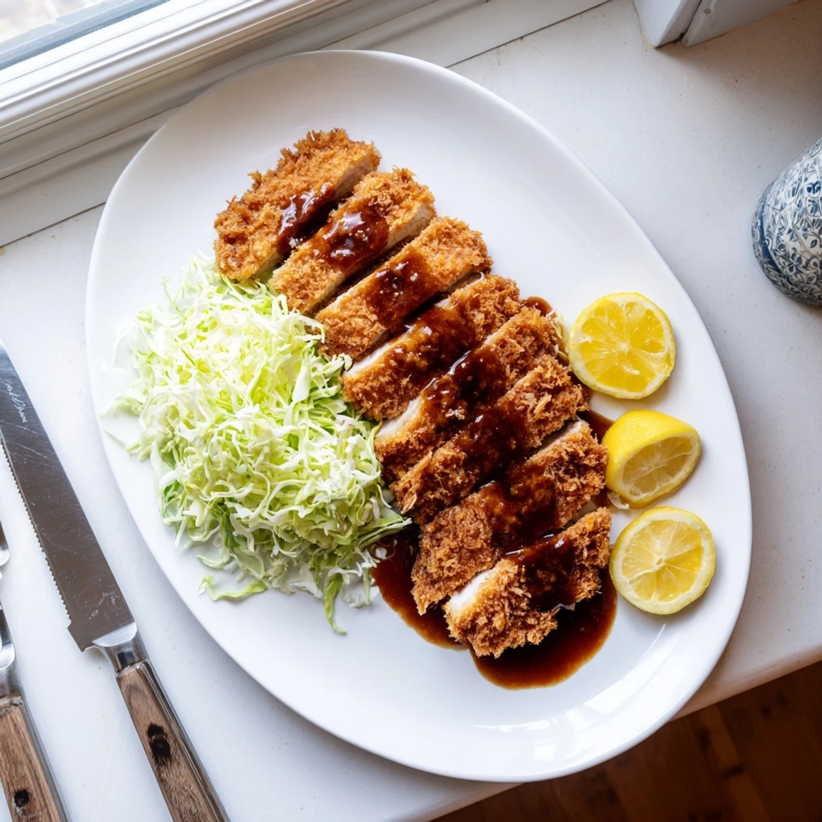 A close-up of golden, panko-crusted Chicken Katsu cutlets, sliced to show juicy interior, served with tangy tonkatsu sauce.