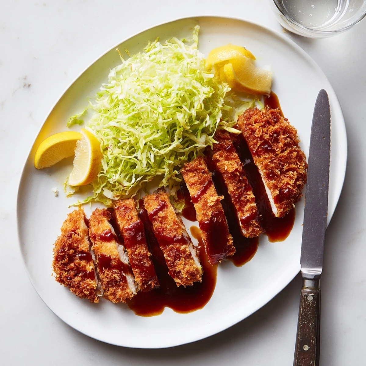 Crispy Chicken Katsu cutlets fried to perfection, served with shredded cabbage and lemon wedges on a rustic wooden table.