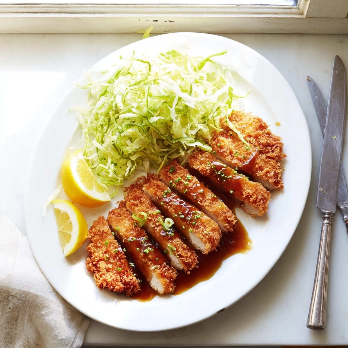 Freshly prepared Chicken Katsu, featuring a golden panko crust, served with tonkatsu sauce and steamed rice for a complete meal.
