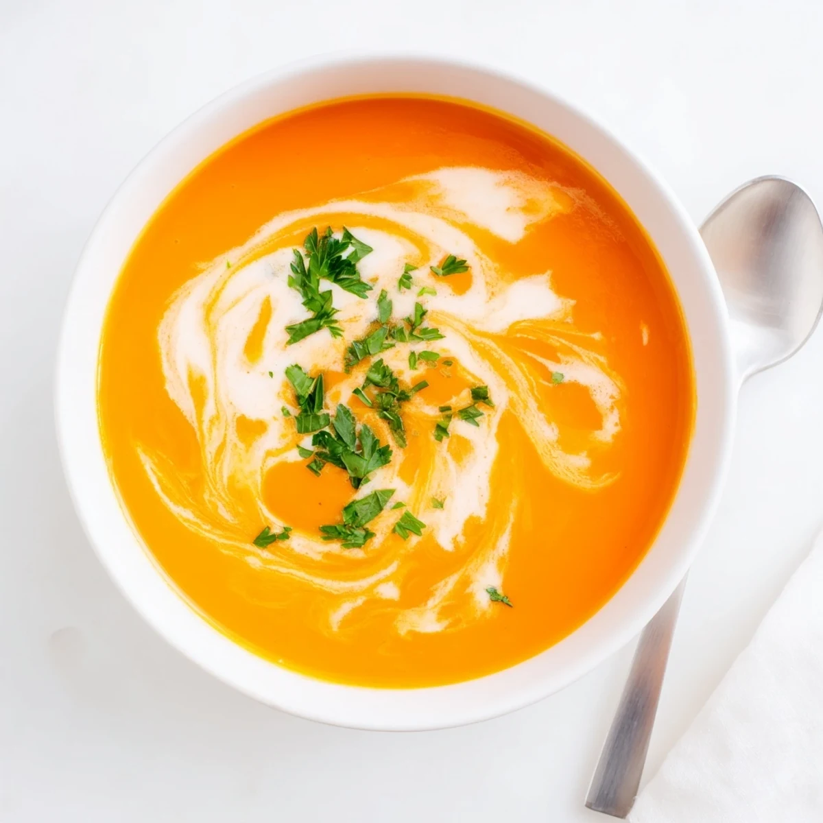 Golden roasted carrots, onions, and garlic blended into a velvety Carrot-Based Creamy Soup garnished with fresh parsley.