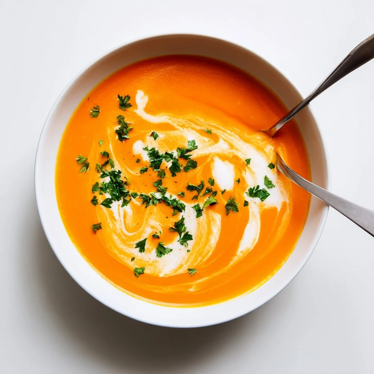 A steaming bowl of Carrot-Based Creamy Soup with a drizzle of cream, paired with crusty artisan bread on the side.