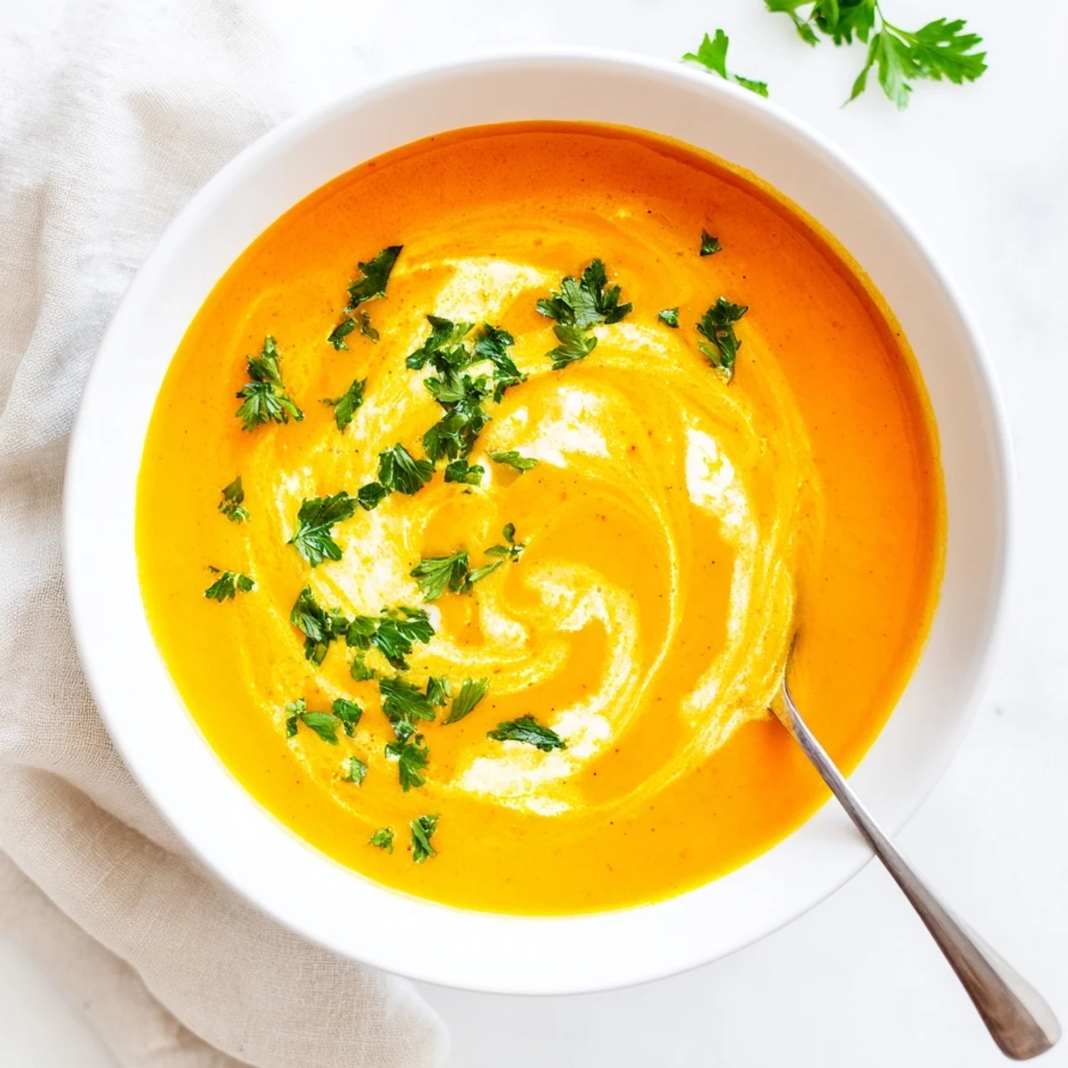 Bright orange Carrot-Based Creamy Soup served in a rustic earthenware bowl, topped with a swirl of cream and chives.