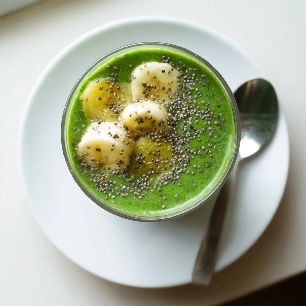 A tall glass of vibrant green Spinach-Hidden Smoothie, creamy and frothy, with a tropical scent of mango and pineapple.