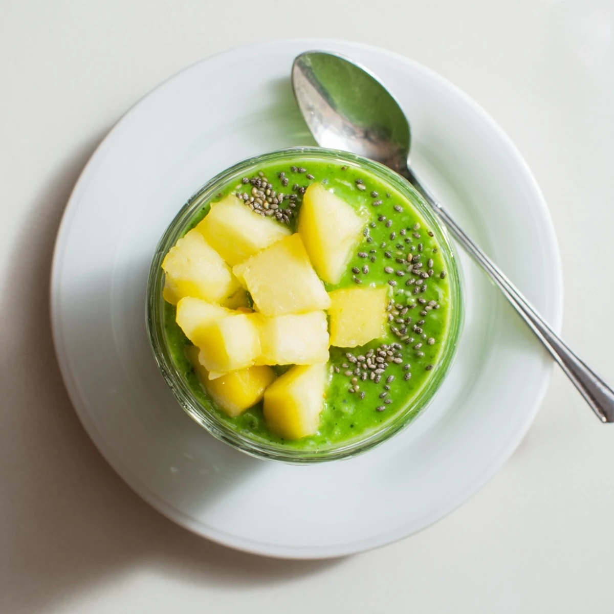 Close-up of a chilled glass of Spinach-Hidden Smoothie, glistening with condensation and topped with a sprinkle of chia seeds.