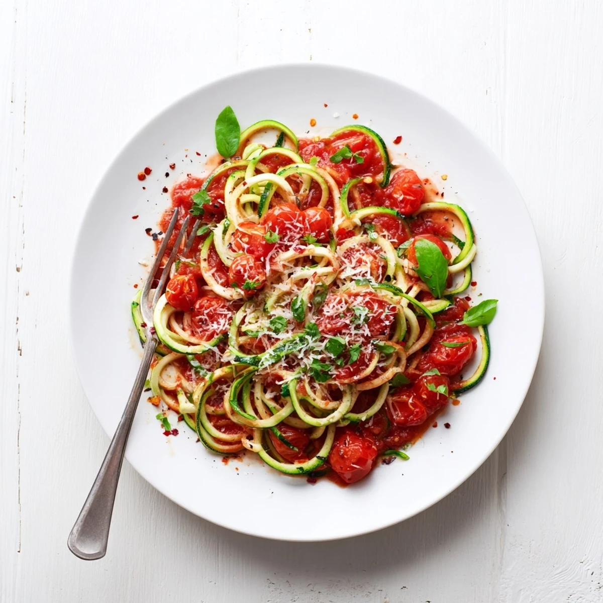 Fresh zucchini noodles twirled in a vibrant, garlicky tomato basil sauce, topped with a sprinkle of Parmesan and fresh basil leaves.  