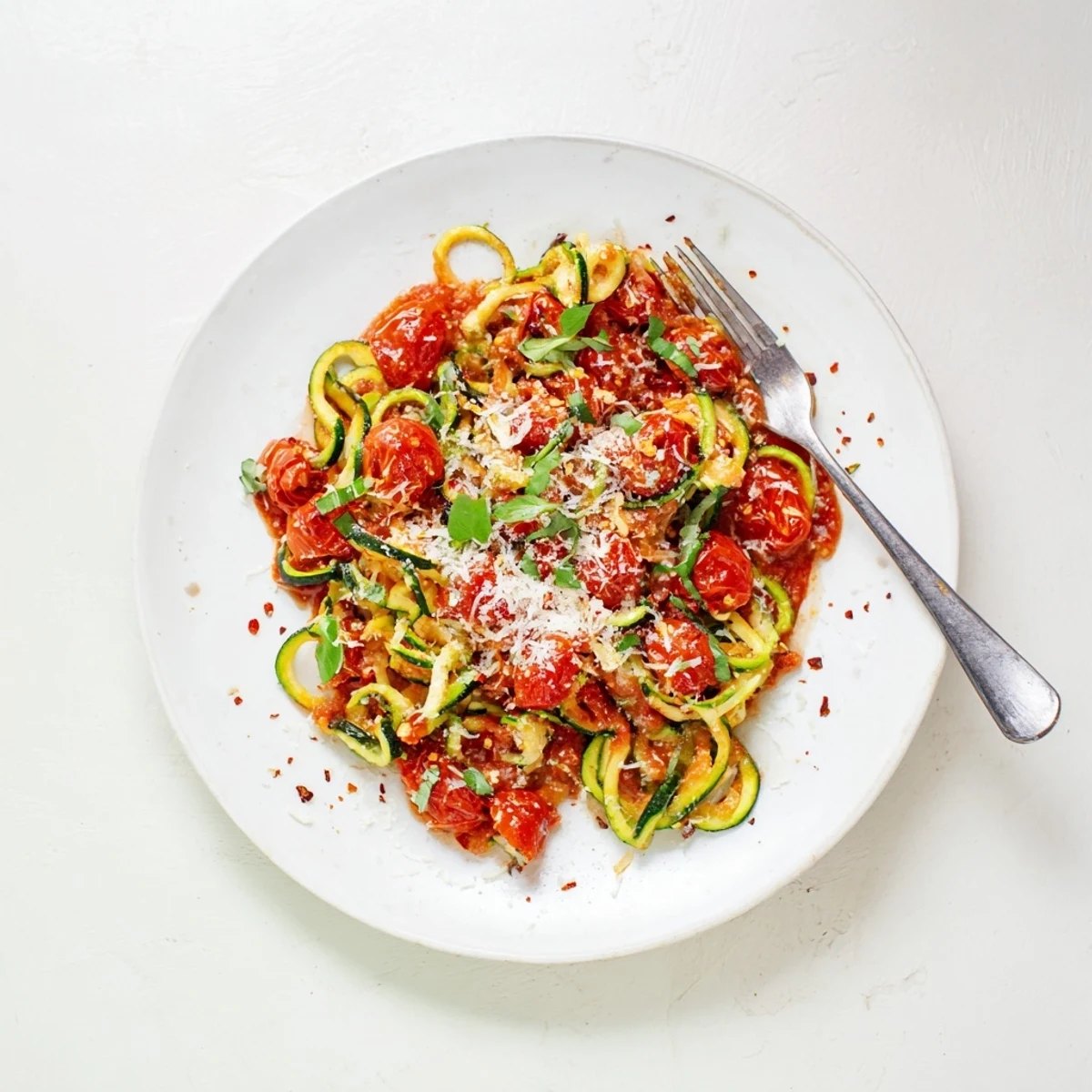 Sautéed zucchini noodles, versatile and light, ready for your favorite sauce and toppings like sun-dried tomatoes or feta.