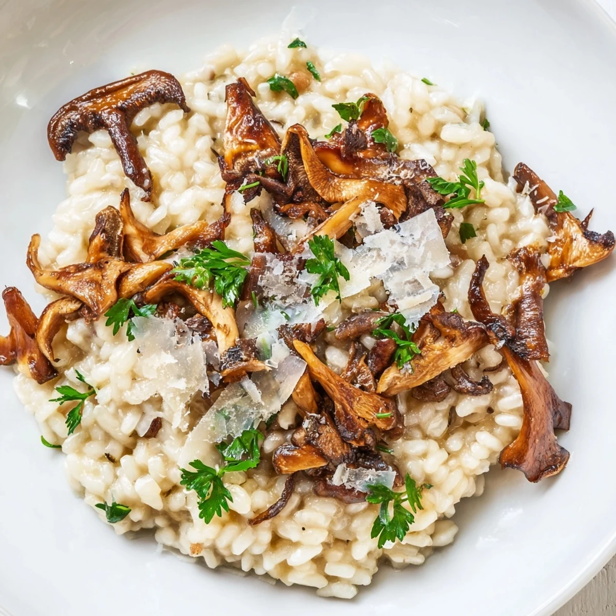 Creamy roasted mushroom risotto topped with golden caramelized mushrooms and fresh parsley, served in a warm bowl.