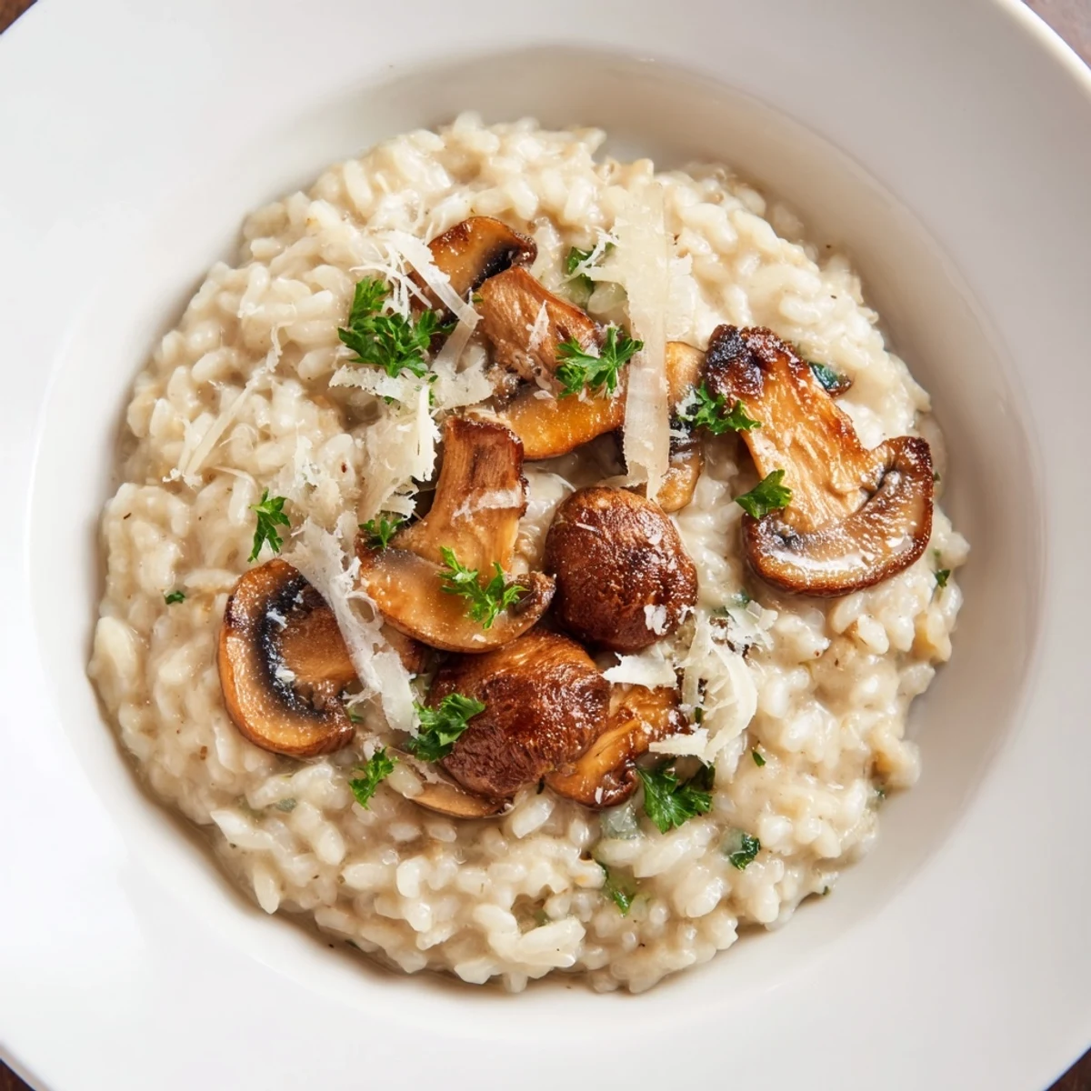 A close-up of rich roasted mushroom risotto with arborio rice and melted Parmesan, perfect for a cozy meal.