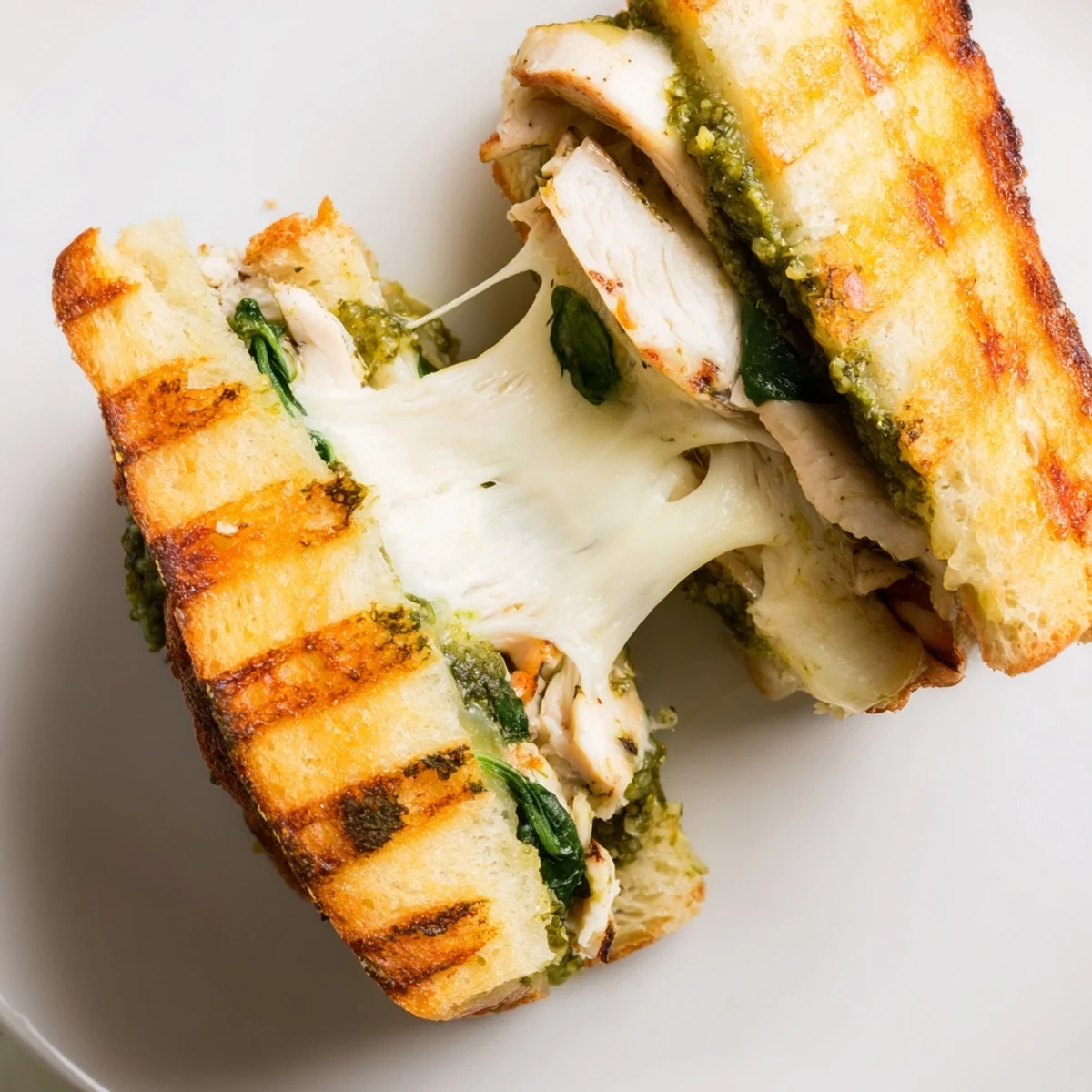 Warm grilled chicken, melted mozzarella, and vibrant basil pesto tucked into a golden-brown ciabatta panini, served on a wooden board.
