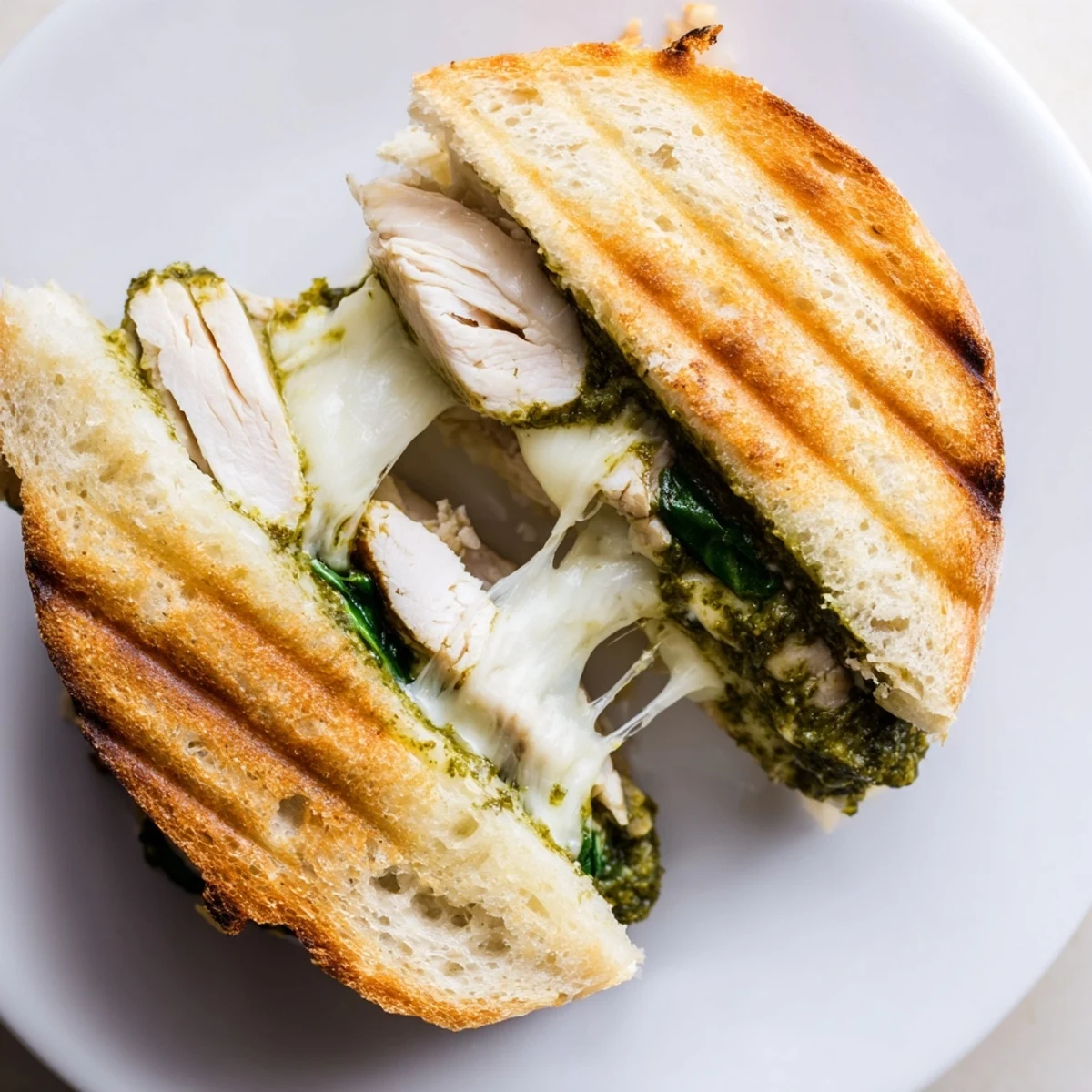 A close-up of a Chicken Pesto Panini with melted mozzarella, grilled chicken, and pesto spread on crusty ciabatta bread.