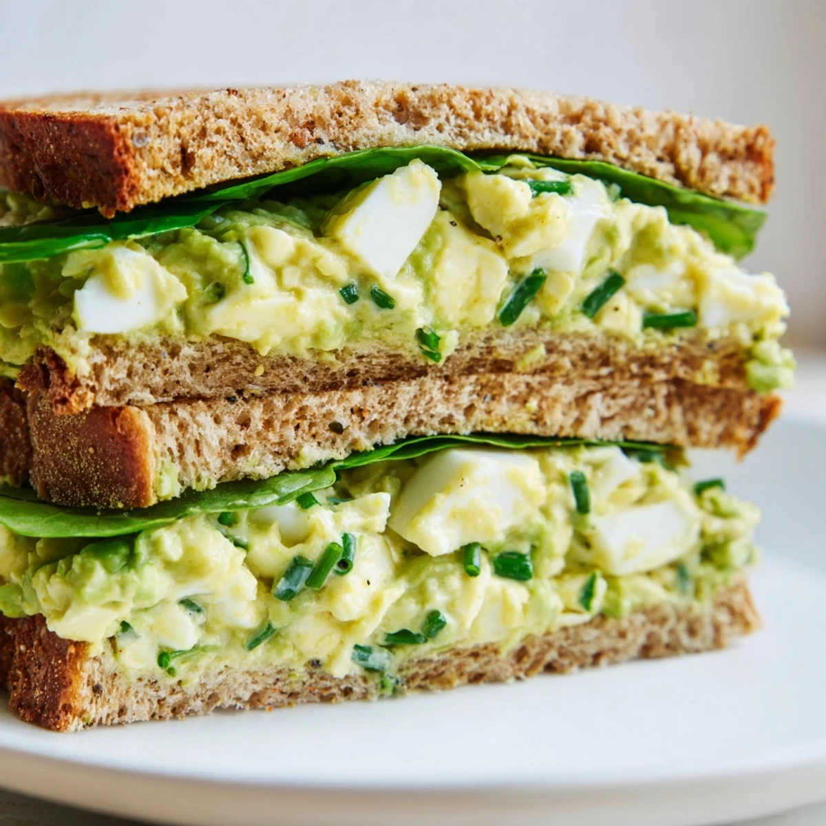Creamy avocado egg salad sandwich on toasted whole grain bread with fresh spinach and ripe tomato slices.  
