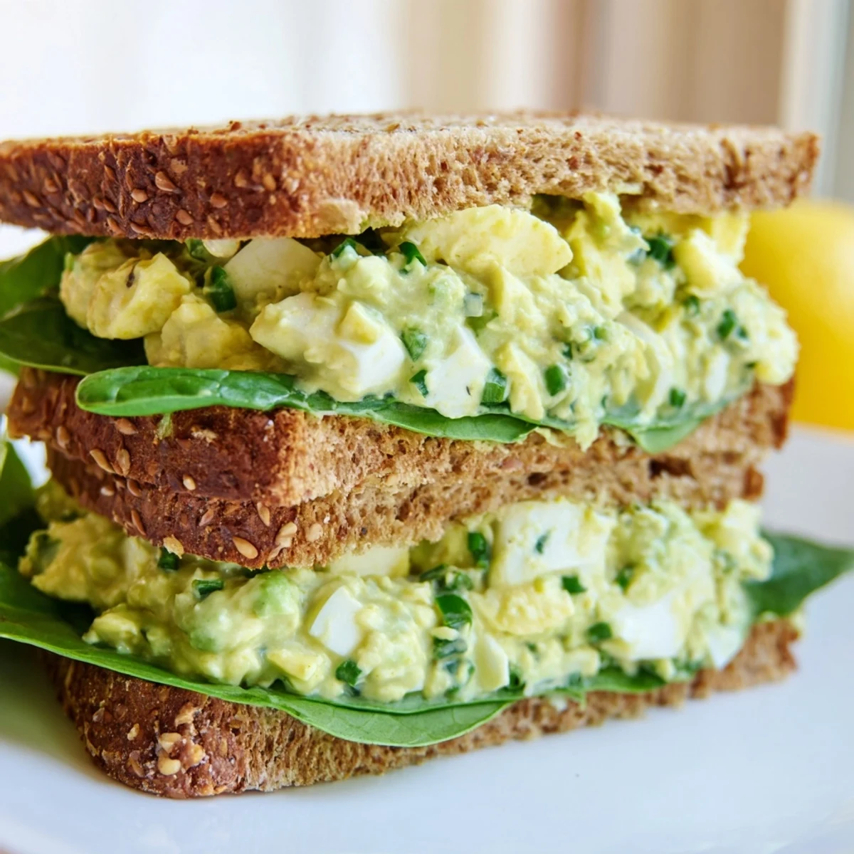 Healthy avocado egg salad sandwich layered with crisp lettuce and juicy tomato, ready for a satisfying lunch.