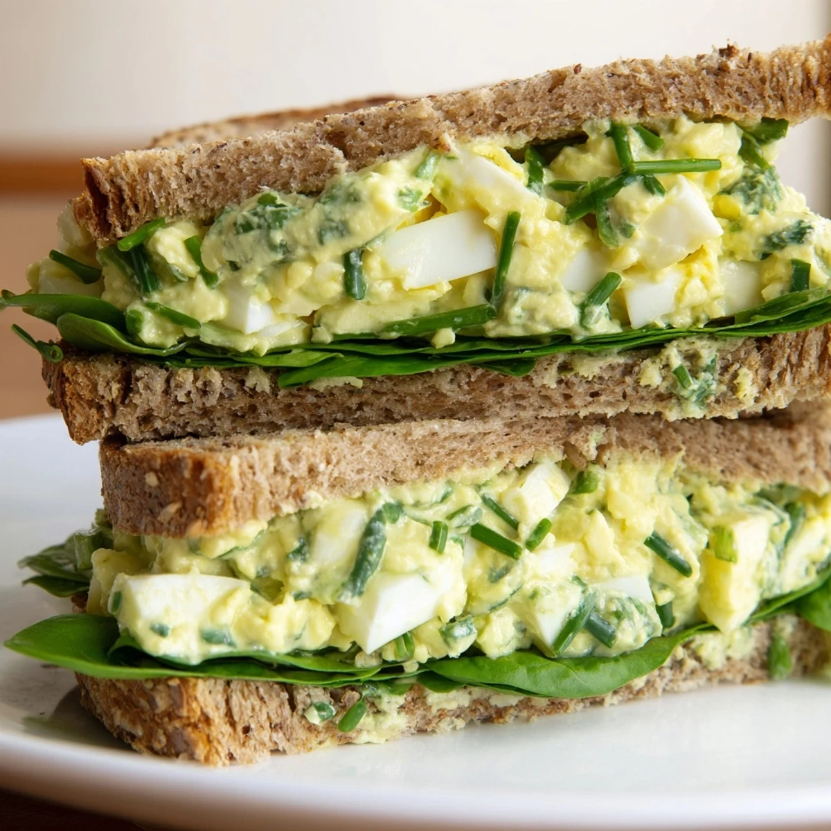 Bright, lightened egg salad with mashed avocado and lemon on multigrain toast, garnished with fresh chives.  