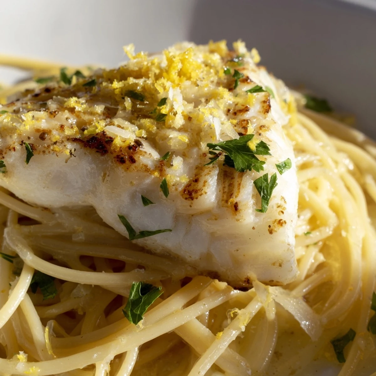 Flaky grilled sea bass rests atop strands of spaghetti coated in a vibrant lemon-butter sauce, garnished with fresh parsley.