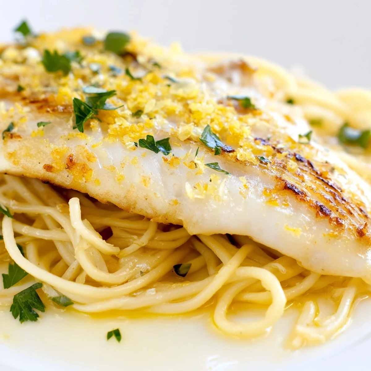 Lemon Bass Pasta plated for dinner, featuring grilled white fish, al dente spaghetti, and a bright lemon-butter herb sauce.