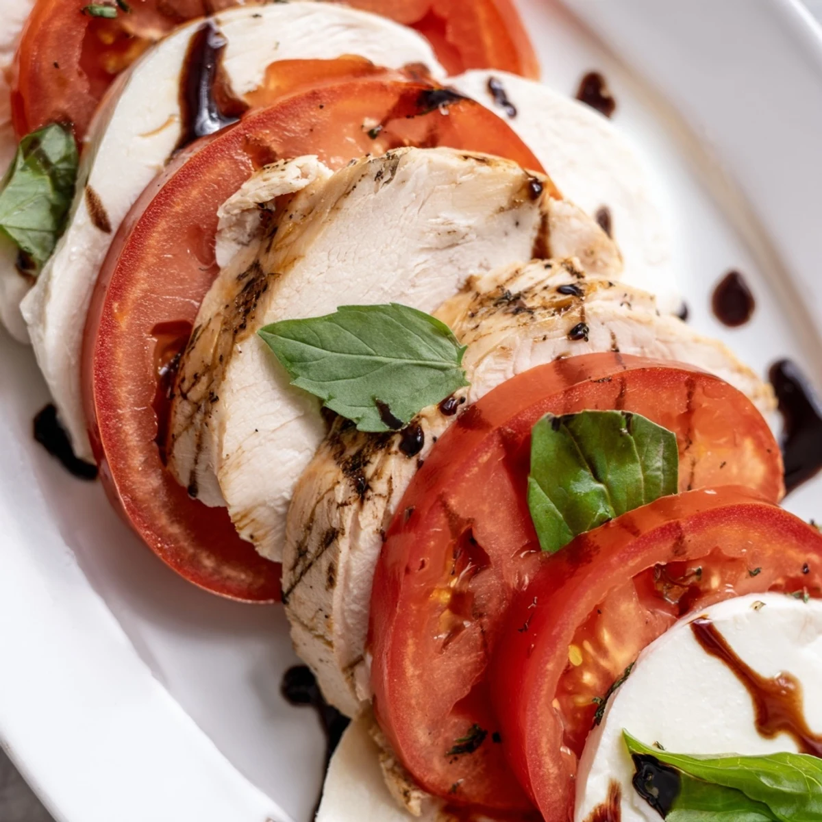 Grilled chicken slices rest atop fresh mozzarella and ripe tomato, finished with a drizzle of balsamic glaze on this vibrant Caprese salad.  